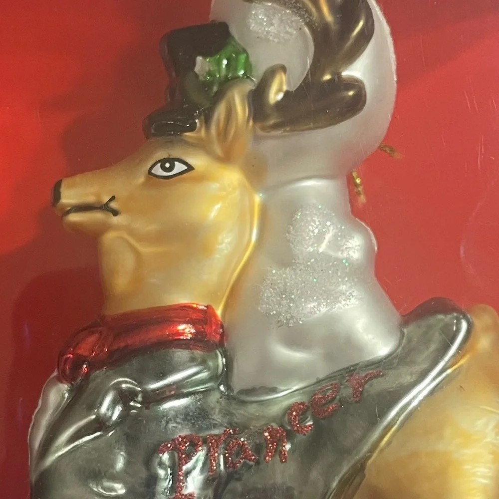 Christmas Tree Ornament - Prancer, Santa’s Reindeer. Hand painted Glass